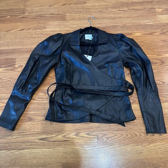 AJE. faux leather Idyllic Wrap Long sleeve Top in Color Black size 12 / Us 8 - Picture 14 of 16